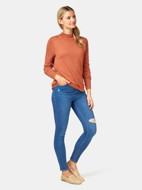 Kara Essential Funnel Neck Pullover, Brown, hi-res