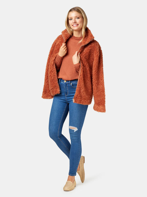 Kara Essential Funnel Neck Pullover, Brown, hi-res