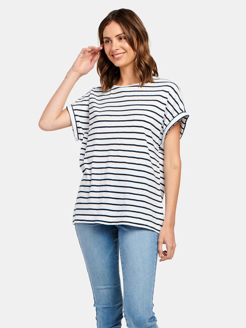 Drop Shoulder Tee, White & Navy Stripe, hi-res