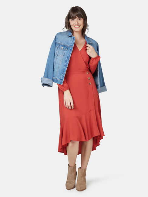 Sandy Concave Long Sleeve Dress, Red, hi-res