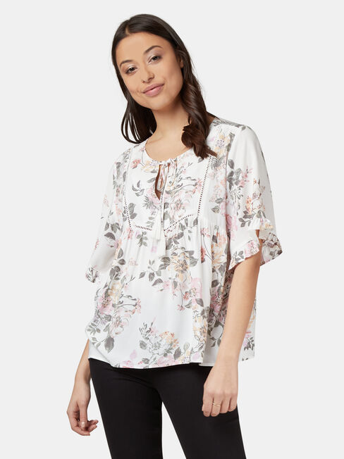 Tia Short Sleeve Peasant Top, White, hi-res