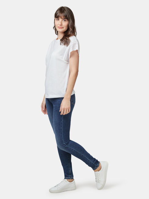 Beth Broderie Trim Tee, White, hi-res