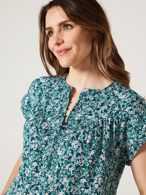 Heather Button Front Top, Green Blossom, hi-res
