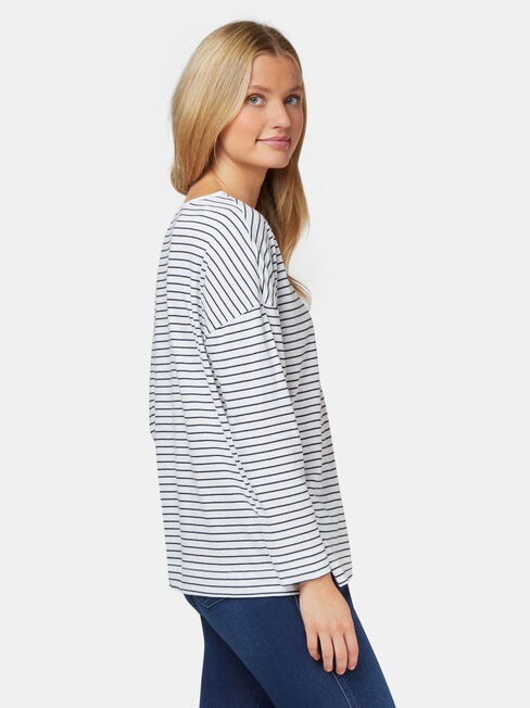 3/4 Sleeve Drop Shoulder Tee, Blue Stripe, hi-res