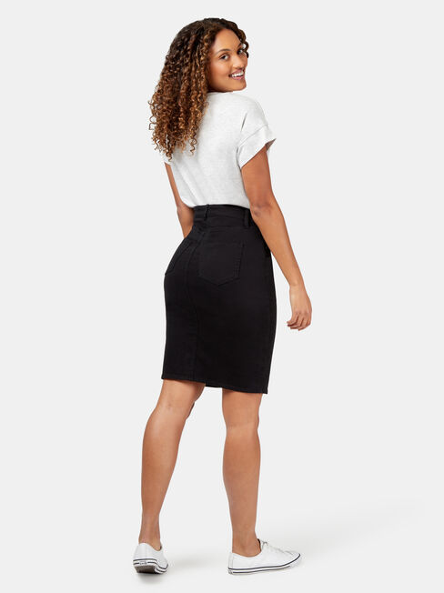 Macy Button Through Skirt, Black, hi-res