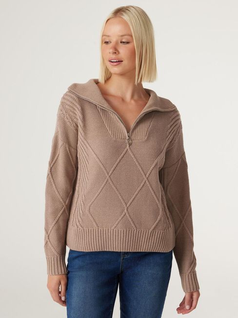 Opal Half Zip Knit, Latte, hi-res