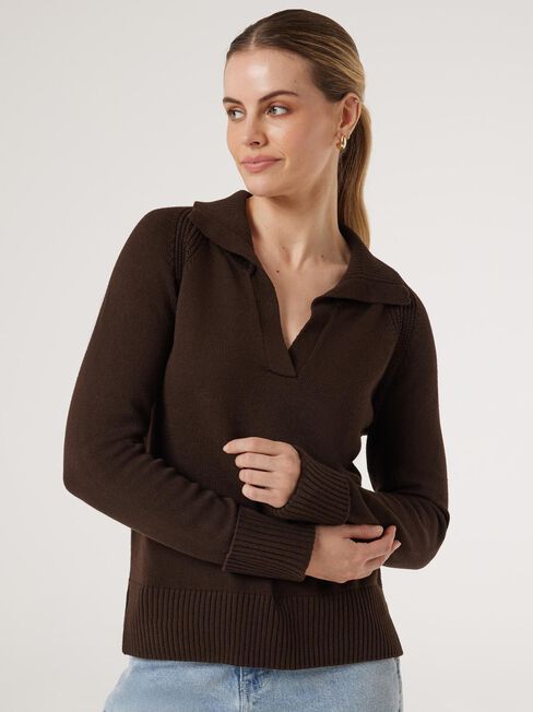 Amalia Collared Knit, Brown, hi-res