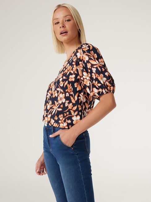 Maya V-Neck Top, Blurred Rust Floral, hi-res