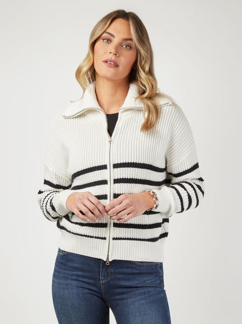 Josie Twin Zip Front Cardi, White & Navy Stripe, hi-res