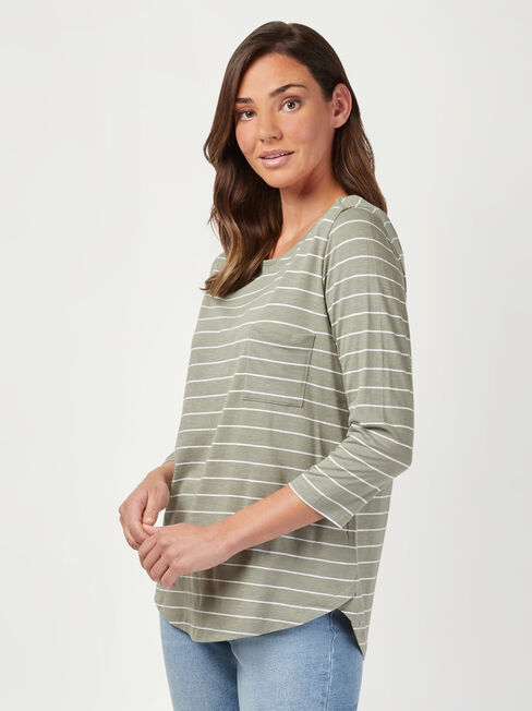 Essential Boatneck Tee, Green Stripe, hi-res