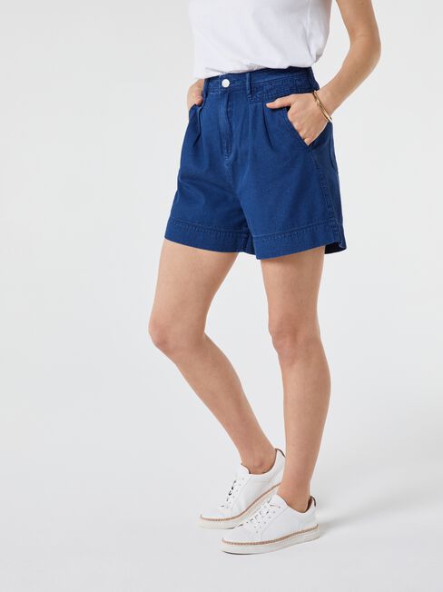 Yasmin Pleat Denim Short, Mid Indigo, hi-res