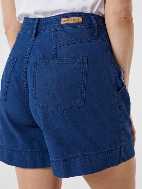 Yasmin Pleat Denim Short, Mid Indigo, hi-res