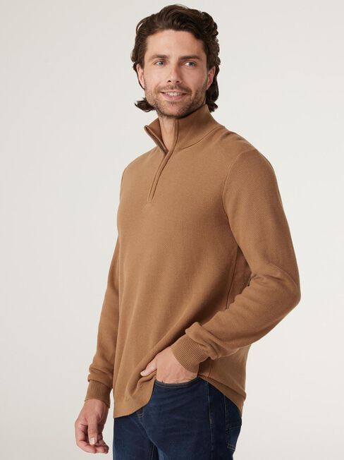 Elliot Funnel Zip Neck  Knit, Caramel, hi-res