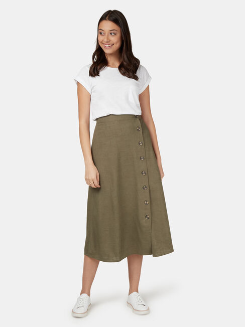 Daisy Button Front Skirt, Green, hi-res