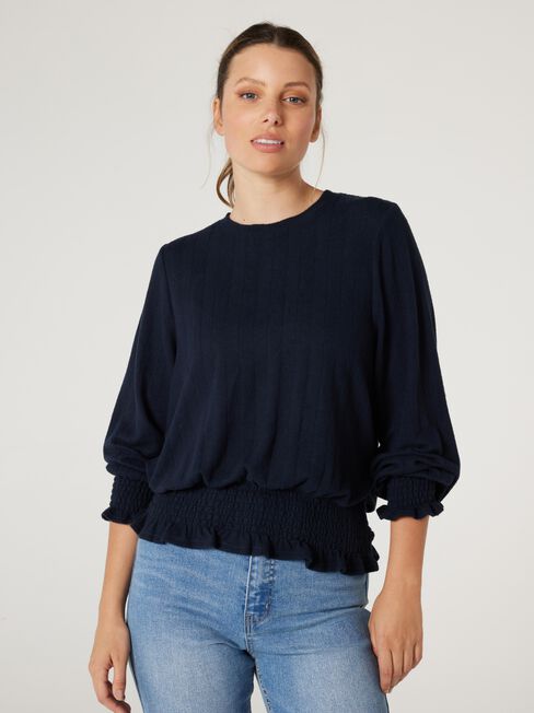 Jemma Soft Touch Shirred LS Top, Ink, hi-res