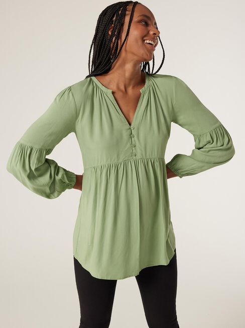 Ella Button Closure Long Sleeve Maternity Blouse, Sage, hi-res