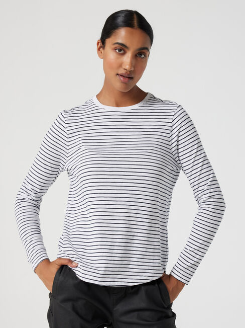 Essential Long Sleeve Crew Neck, White & Navy Stripe, hi-res