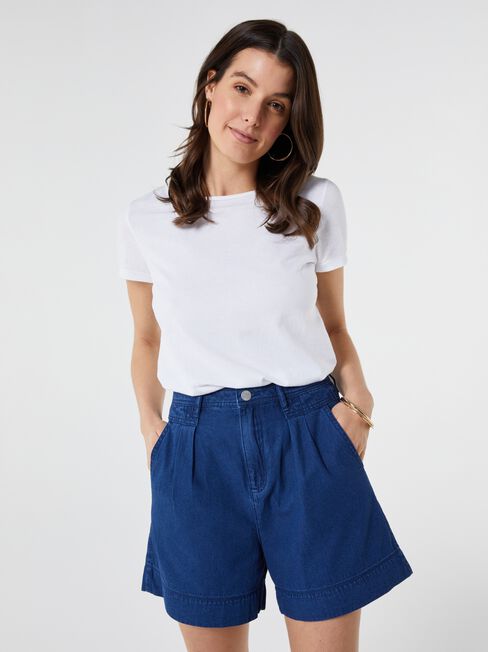 Yasmin Pleat Denim Short, Mid Indigo, hi-res