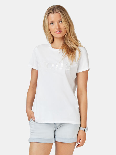 Embellished Slogan Tee, White, hi-res