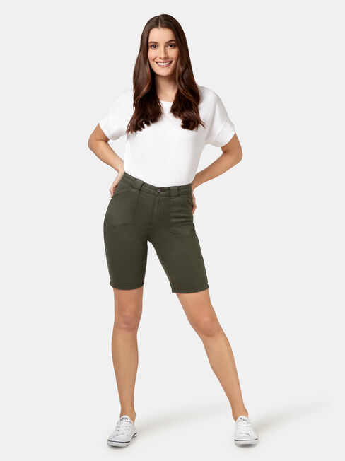 Helen Patch Pocket Knee Length Short, Green, hi-res
