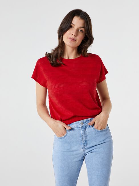 Thea Pointelle Bubble Hem Top, Red, hi-res