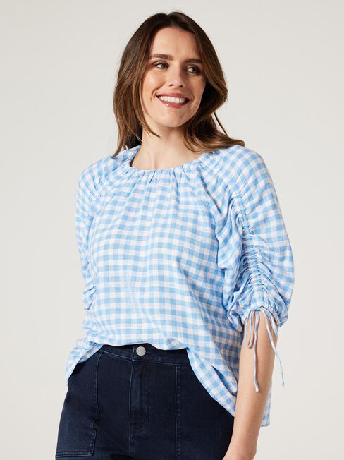Delanie Ruched Top, Blue Gingham, hi-res