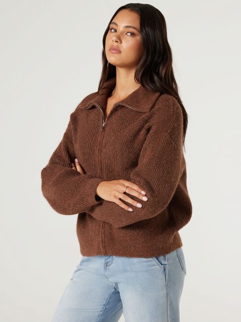 Fran Double Zip Cardigan, Brown, hi-res