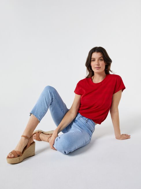 Thea Pointelle Bubble Hem Top, Red, hi-res