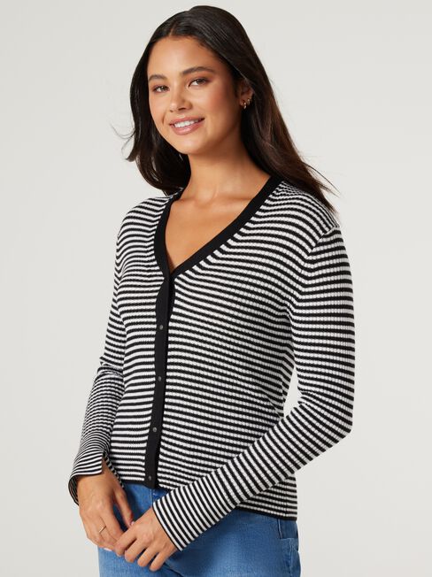 Isla Fine Gauge Cardigan, Black Stripe, hi-res