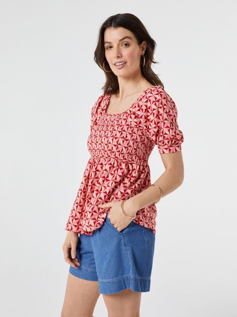 Chloe Shirred Bodice Top, Red, hi-res