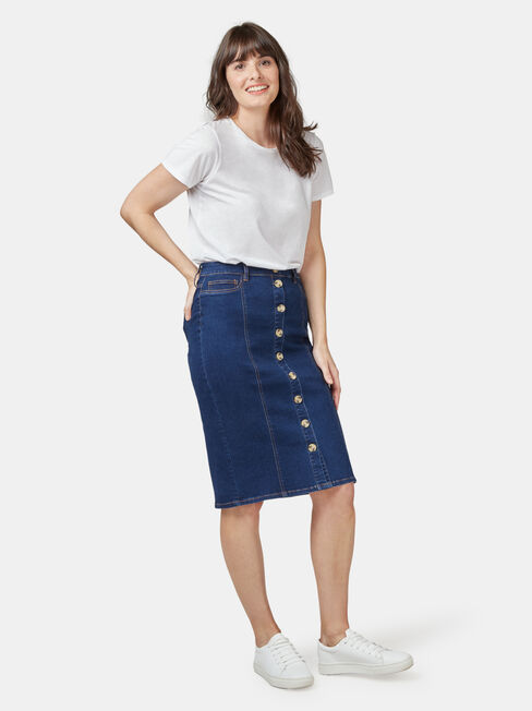 Denim Button Thru Skirt, Blue, hi-res