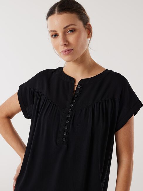 Heather Button Front Top, Black, hi-res