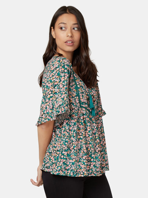Tia Short Sleeve Peasant Top, Green, hi-res