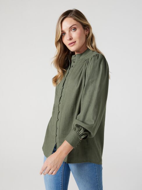 Adriana Button Down Blouse, Thyme, hi-res