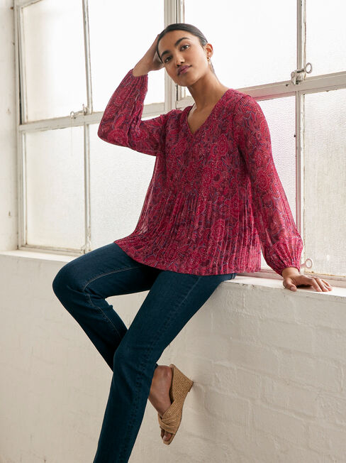 Penny Pleated V-Neck Top, Red, hi-res
