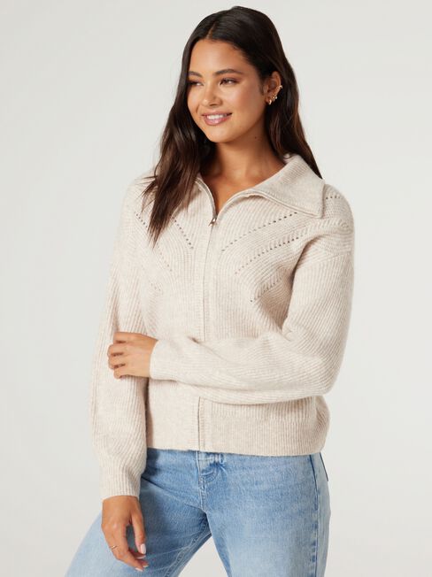 Fran Double Zip Cardigan, Oatmeal, hi-res