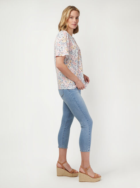 Tara Short Sleeve Peasant Blouse, Floral, hi-res