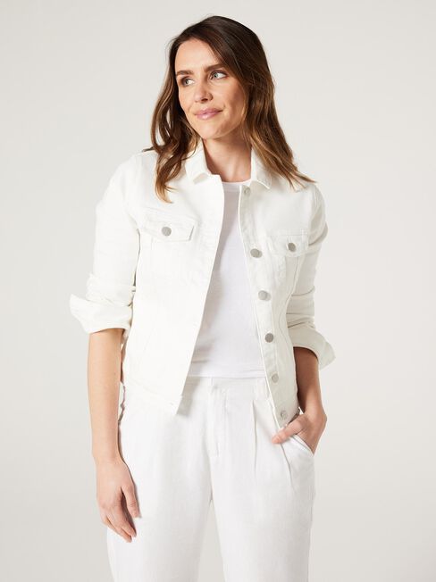 Classic Stretch Denim Jacket, White, hi-res