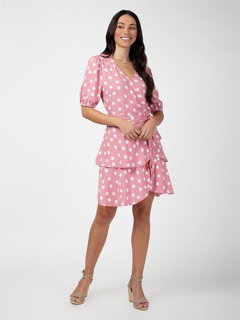 Rosie Wrap Front Dress, Pink, hi-res