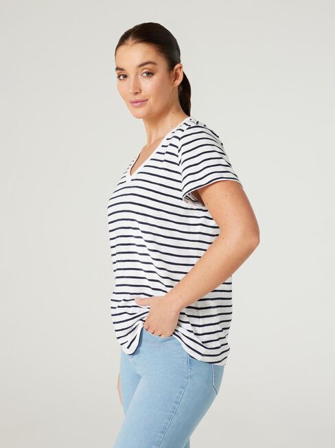 Essential V-Neck Tee, White & Navy Stripe, hi-res
