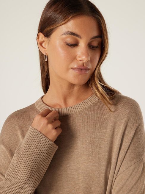 Kassie Crew Neck Boxy Knit, Camel Marle, hi-res