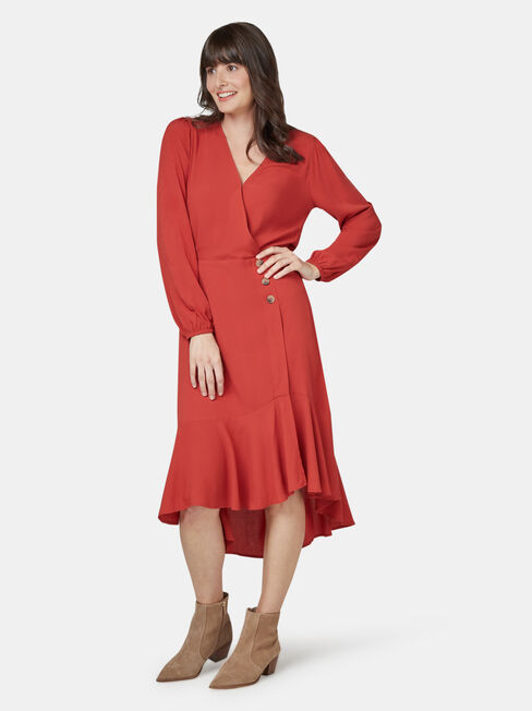 Sandy Concave Long Sleeve Dress, Red, hi-res