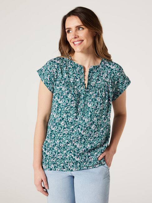 Heather Button Front Top, Green Blossom, hi-res