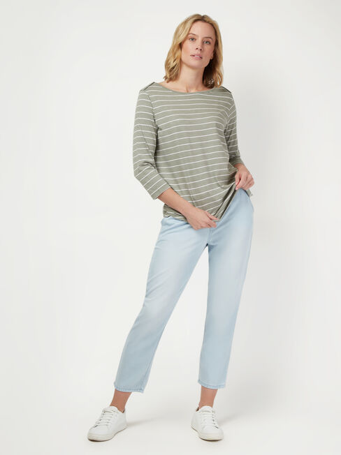 Essential Boatneck Tee, Green Stripe, hi-res