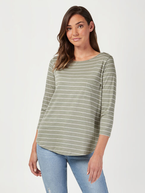 Essential Boatneck Tee, Green Stripe, hi-res