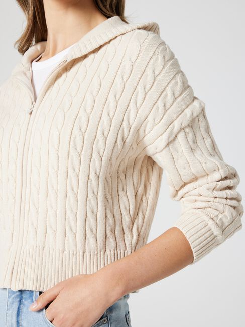 Celia Zip Thru Hooded Knit, Brown, hi-res
