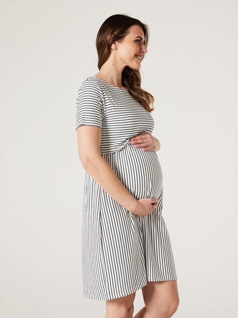 Tori Layered Maternity Dress, White & Navy Stripe, hi-res