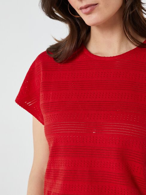 Thea Pointelle Bubble Hem Top, Red, hi-res