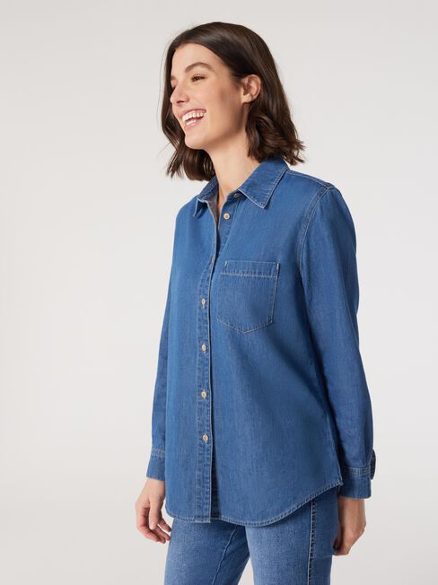 Mia Essential Denim Shirt, Mid Vintage, hi-res