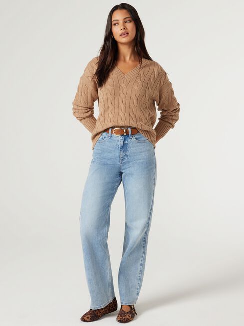 Daisy Cable V Neck Pullover, Camel, hi-res